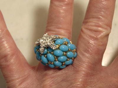 Kenneth Jay Lane Faux Turquoise Dome Star Ring, Gold Tone Crystal Accent