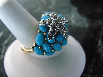 Kenneth Jay Lane Faux Turquoise Dome Star Ring, Gold Tone Crystal Accent