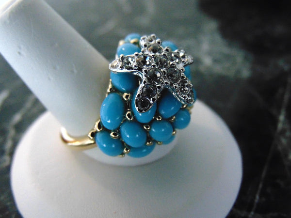 Kenneth Jay Lane Faux Turquoise Dome Star Ring, Gold Tone Crystal Accent