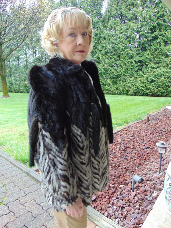 Black And Grey Section Mink Jacket Size Med.