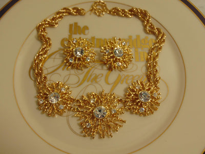 KJL Golden Starburst Crystals Necklace Clip On Earring Set