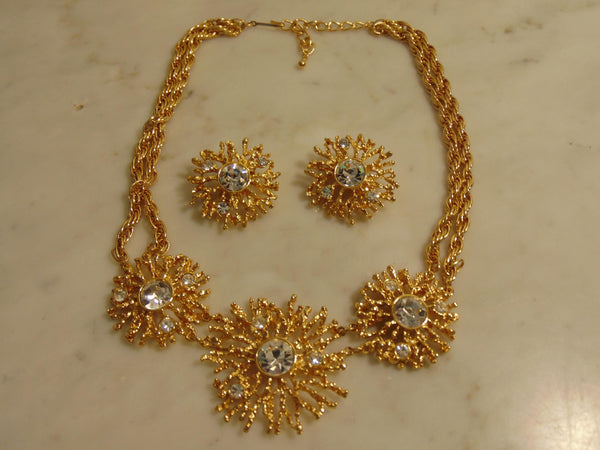 KJL Golden Starburst Crystals Necklace Clip On Earring Set