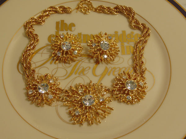 KJL Golden Starburst Crystals Necklace Clip On Earring Set