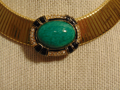 Signed Ciner Wide Omega ChainChoker Green Center Stone Bordered With Crystals