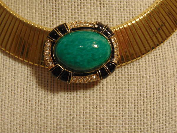 Signed Ciner Wide Omega Chain  Choker Green Center Stone Bordered With Crystals