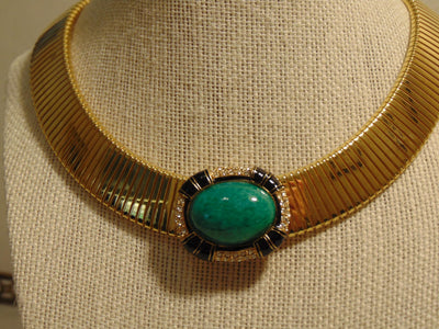 Signed Ciner Wide Omega ChainChoker Green Center Stone Bordered With Crystals