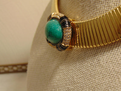 Signed Ciner Wide Omega ChainChoker Green Center Stone Bordered With Crystals