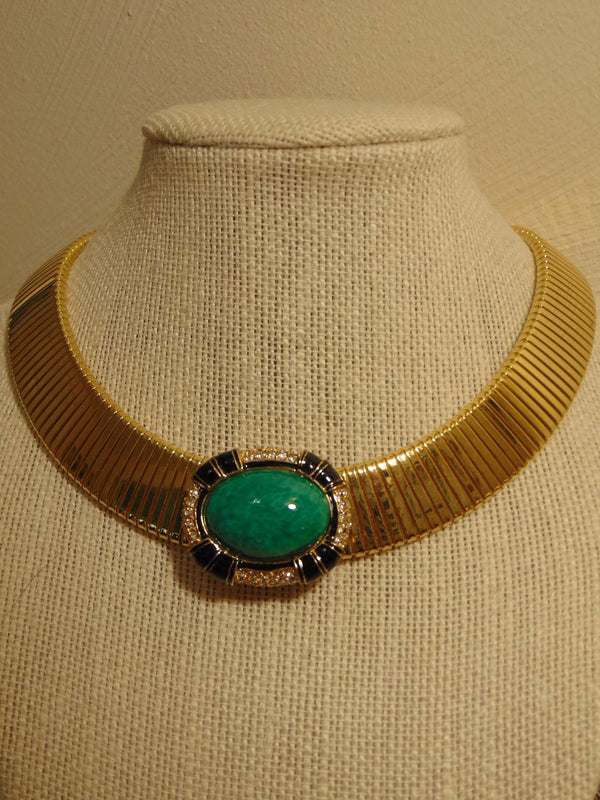 Signed Ciner Wide Omega Chain  Choker Green Center Stone Bordered With Crystals
