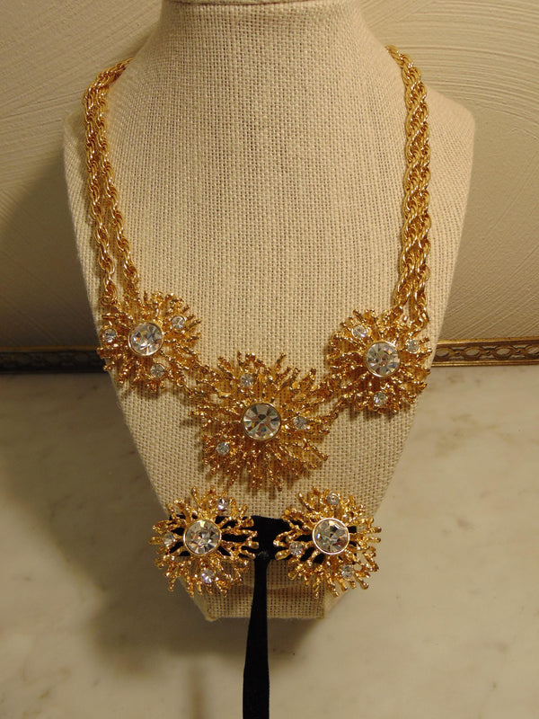 KJL Golden Starburst Crystals Necklace Clip On Earring Set