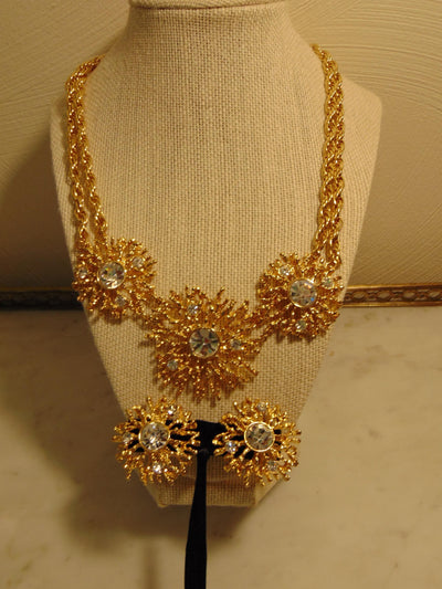 KJL Golden Starburst Crystals Necklace Clip On Earring Set