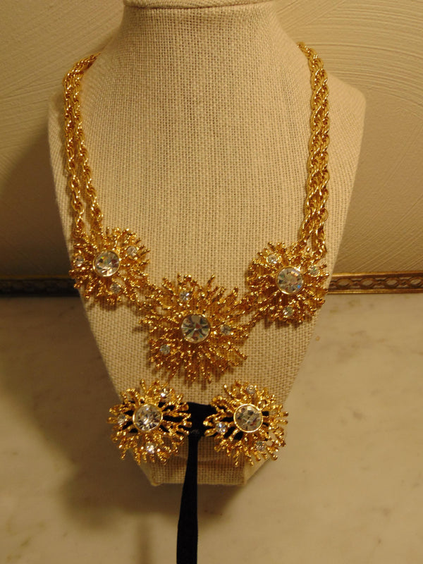KJL Golden Starburst Crystals Necklace Clip On Earring Set