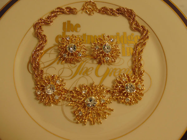 KJL Golden Starburst Crystals Necklace Clip On Earring Set