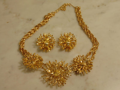 KJL Golden Starburst Crystals Necklace Clip On Earring Set
