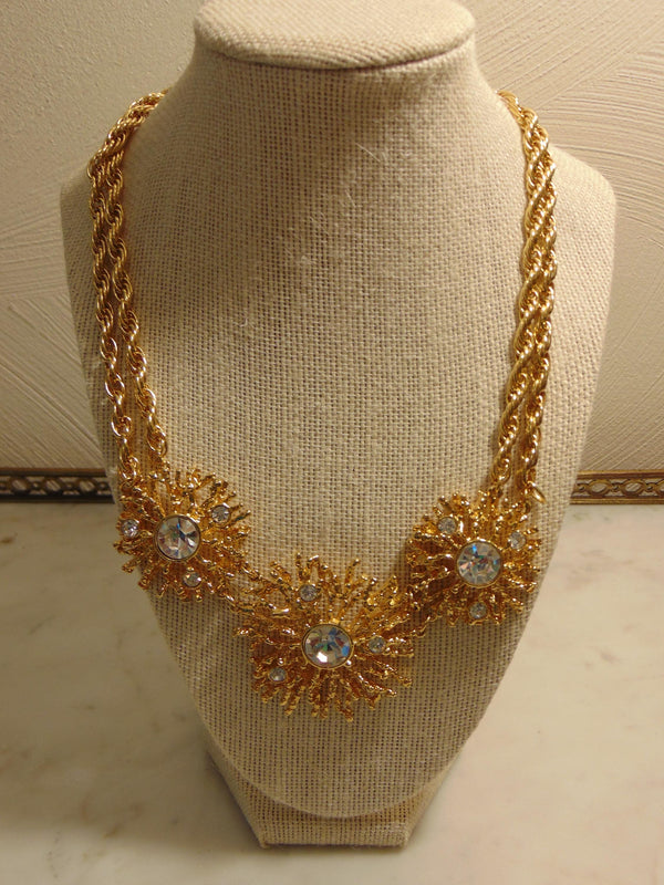 KJL Golden Starburst Crystals Necklace Clip On Earring Set