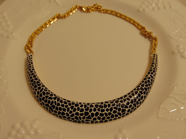 Kenneth Jay Lane Animal Print Black And White Enameled Gold Tone Chain Choker