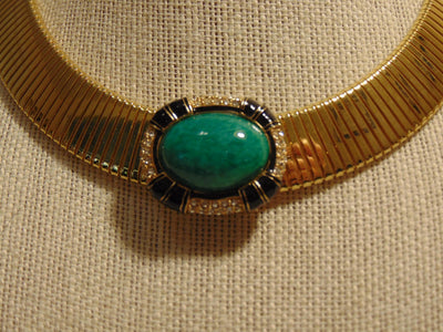 Signed Ciner Wide Omega ChainChoker Green Center Stone Bordered With Crystals
