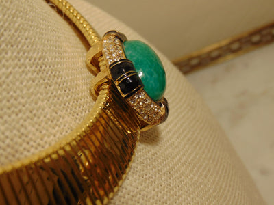Signed Ciner Wide Omega ChainChoker Green Center Stone Bordered With Crystals