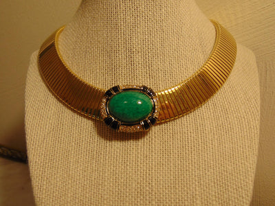 Signed Ciner Wide Omega ChainChoker Green Center Stone Bordered With Crystals