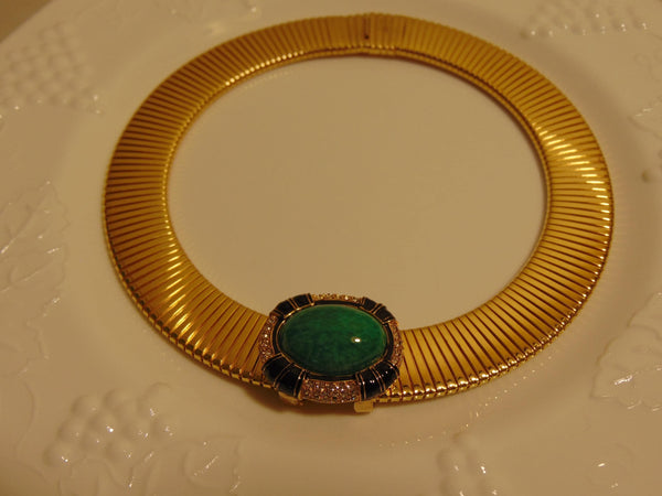 Signed Ciner Wide Omega Chain  Choker Green Center Stone Bordered With Crystals
